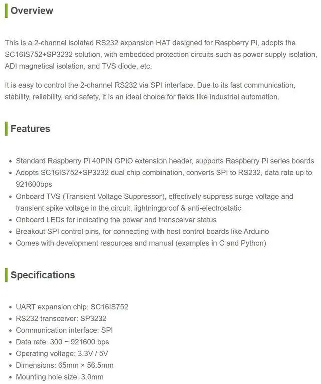 Alt view image 3 of 6 - Waveshare 2-Channel Isolated RS232 Expansion HAT for Raspberry Pi SC16IS752+SP3232 with Protection Circuits Power Supply Isolation ADI Magnetical Isolation and TVS Diode