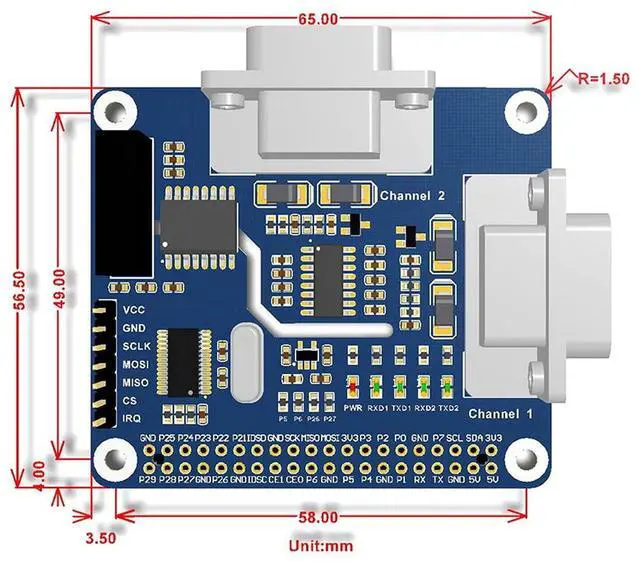 Alt view image 6 of 6 - Waveshare 2-Channel Isolated RS232 Expansion HAT for Raspberry Pi SC16IS752+SP3232 with Protection Circuits Power Supply Isolation ADI Magnetical Isolation and TVS Diode