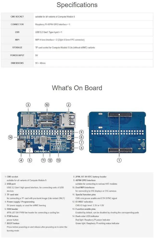 Alt view image 5 of 7 - CM5-NANO-A Nano Base Board for Raspberry Pi Compute Module 5 | Compact CM5-Compatible GPIO, USB 3.2, MIPI Interfaces | Evaluation & Integration Board for CM5 Lite/eMMC