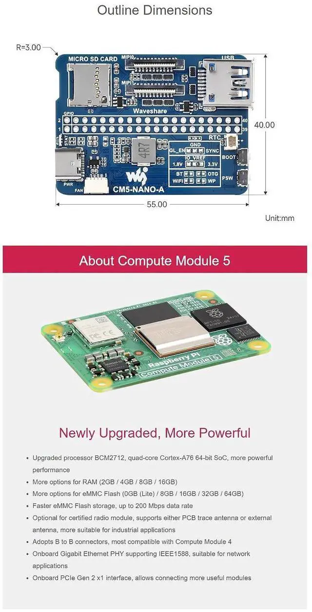 Alt view image 6 of 7 - CM5-NANO-A Nano Base Board for Raspberry Pi Compute Module 5 | Compact CM5-Compatible GPIO, USB 3.2, MIPI Interfaces | Evaluation & Integration Board for CM5 Lite/eMMC