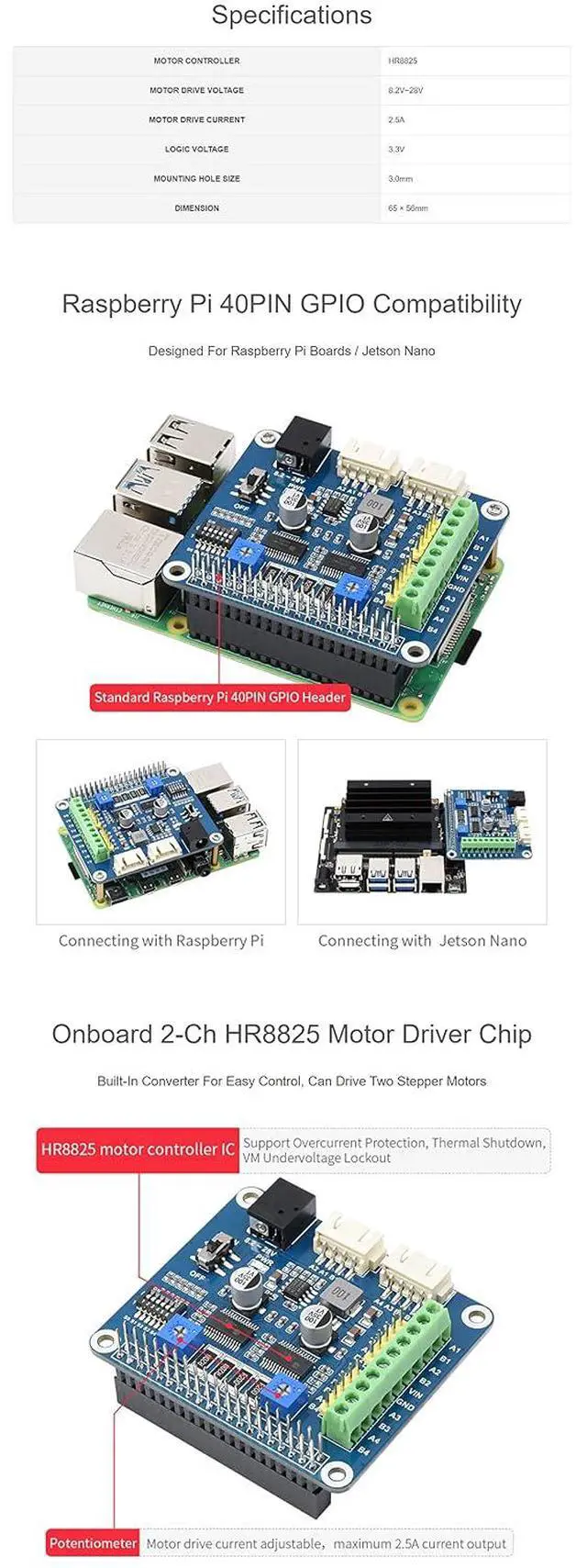 Alt view image 5 of 7 - HRB8825 Stepper Motor HAT Compatible Raspberry Pi Series Board/Jetson Nano, Drives Two Stepper Motors, 6 Available Microstepping Modes