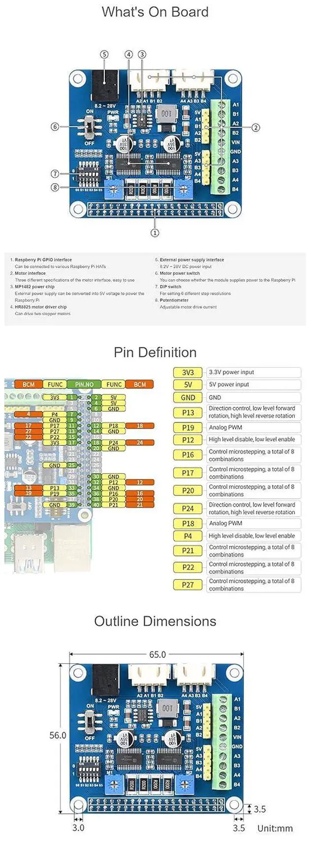 Alt view image 7 of 7 - HRB8825 Stepper Motor HAT Compatible Raspberry Pi Series Board/Jetson Nano, Drives Two Stepper Motors, 6 Available Microstepping Modes