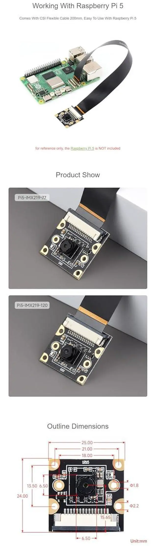 Alt view image 6 of 6 - IMX219 8MP Camera Module for Raspberry Pi 5 MIPI-CSI Interface 120° FOV 3280×2464 High Resolution with Pi5 CSI Flexible Cable 200mm