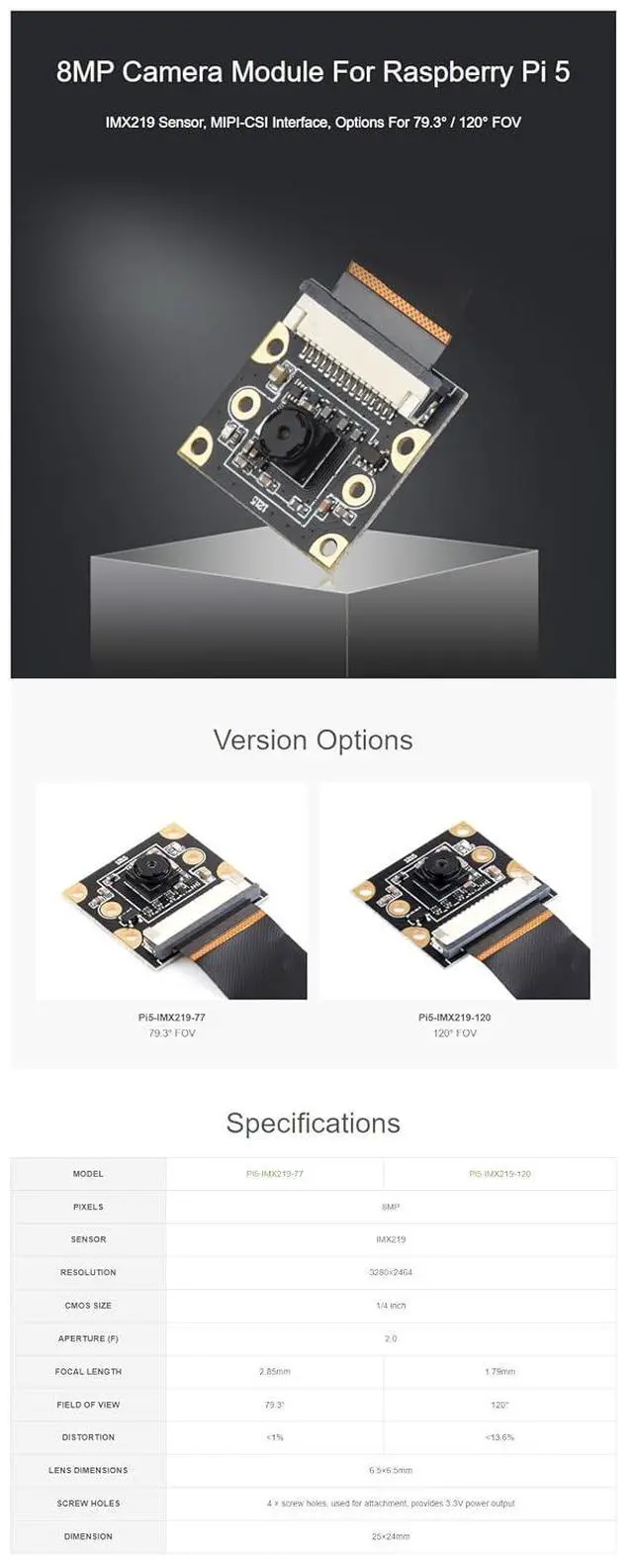 Alt view image 5 of 6 - IMX219 8MP Camera Module for Raspberry Pi 5 MIPI-CSI Interface 120° FOV 3280×2464 High Resolution with Pi5 CSI Flexible Cable 200mm