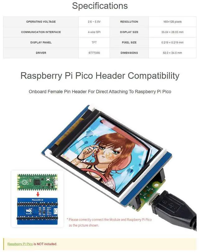 Alt view image 6 of 7 - 1.8inch LCD Display Module HAT for Raspberry Pi Pico Series, Embedded ST7735S Driver, Using SPI Bus,65K RGB Colors, 160×128 Pixels