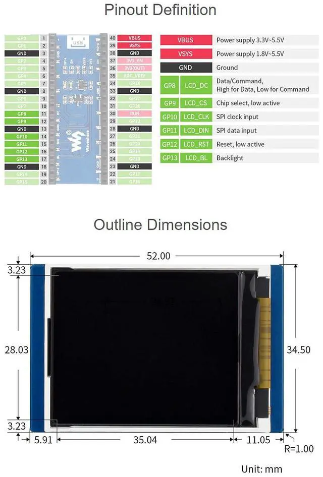 Alt view image 7 of 7 - 1.8inch LCD Display Module HAT for Raspberry Pi Pico Series, Embedded ST7735S Driver, Using SPI Bus,65K RGB Colors, 160×128 Pixels