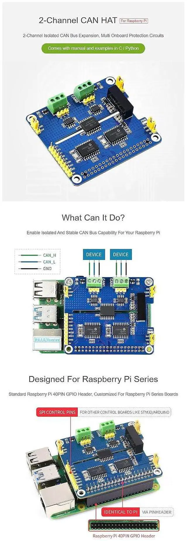 Alt view image 4 of 6 - 2 Channel CAN HAT Isolated CAN Bus Expansion Board for Raspberry Pi/STM32/Arduino with MCP2515 + SN65HVD230 Dual Chips Solution