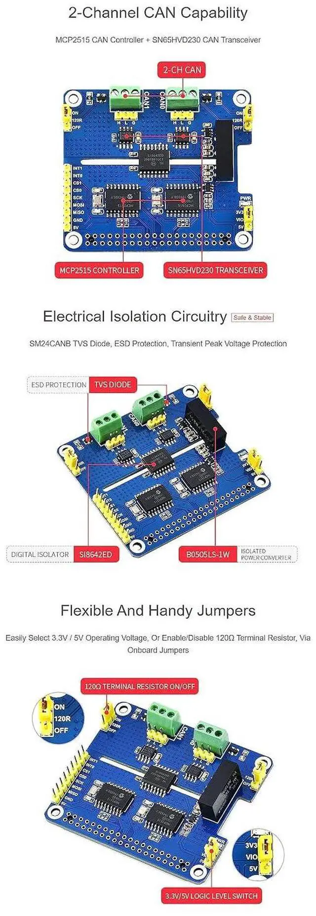 Alt view image 5 of 6 - 2 Channel CAN HAT Isolated CAN Bus Expansion Board for Raspberry Pi/STM32/Arduino with MCP2515 + SN65HVD230 Dual Chips Solution