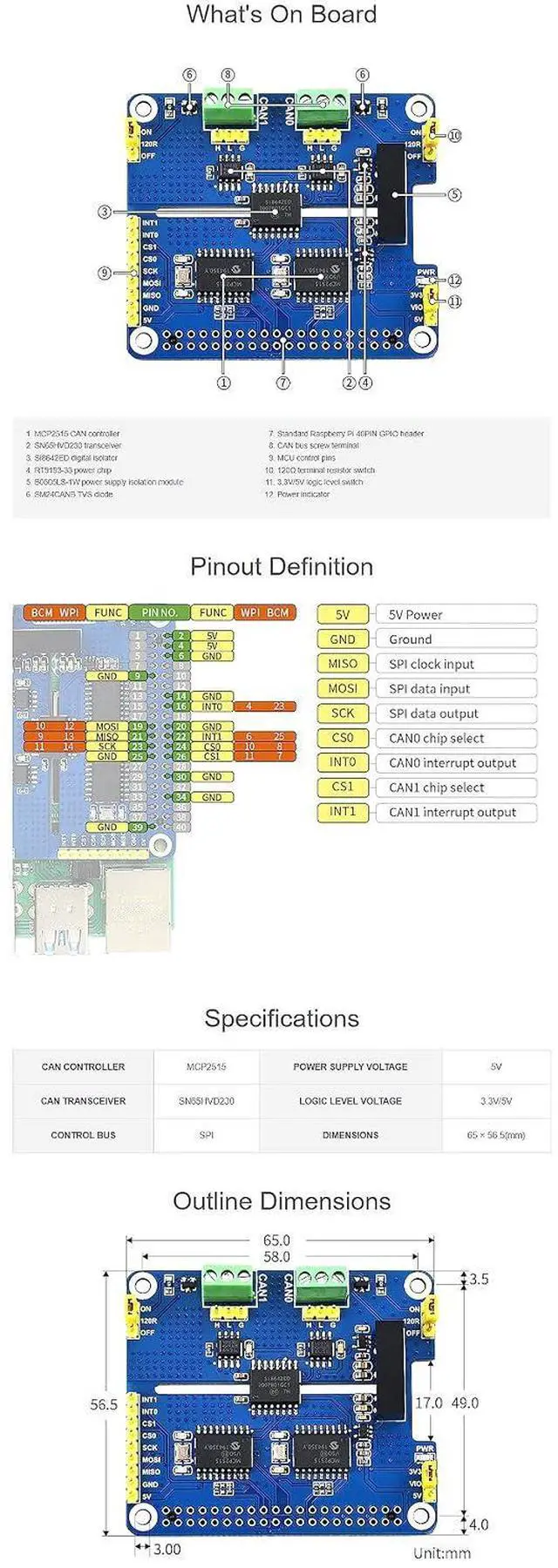 Alt view image 6 of 6 - 2 Channel CAN HAT Isolated CAN Bus Expansion Board for Raspberry Pi/STM32/Arduino with MCP2515 + SN65HVD230 Dual Chips Solution