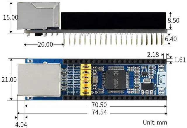 Alt view image 5 of 7 - Ethernet to UART Converter for Raspberry Pi Pico Series,2-CH UART,10/100M Ethernet, Bi-Direction Transparent Data Transmission