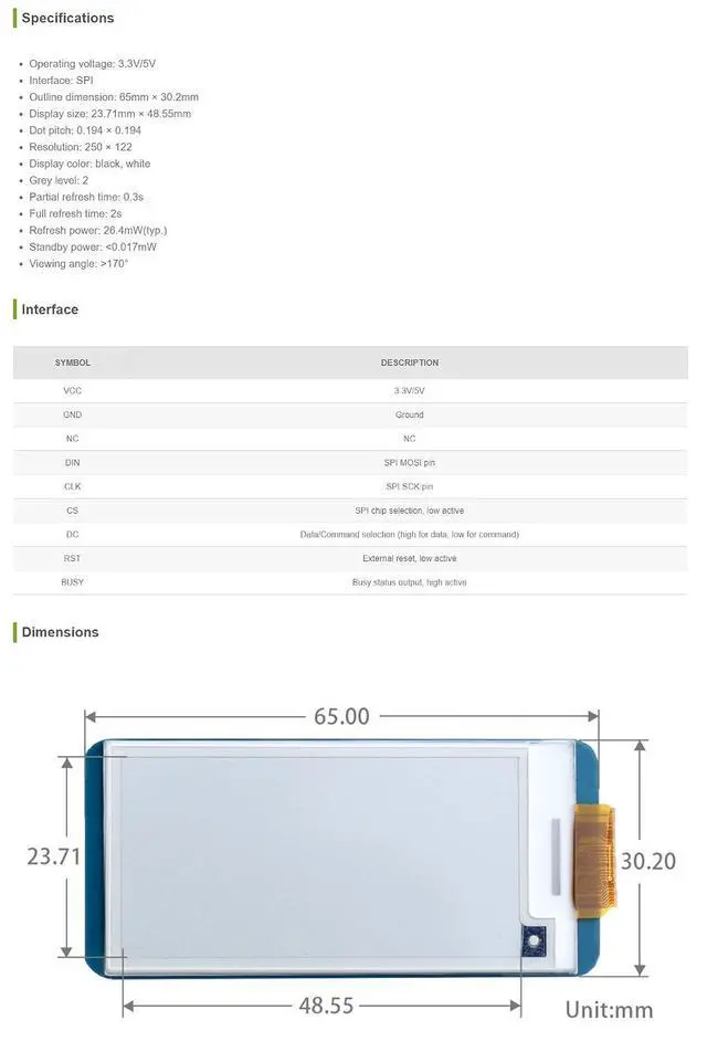 Alt view image 5 of 5 - 250x122 Resolution 2.13 Inch e-Paper Display HAT E-Ink Screen LCD Module SPI Interface with Embedded Controller for Raspberry Pi 2B 3B 3B+ 4B Zero Zero W/Ardui/STM32/Jetson Nano