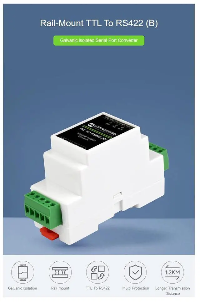 Alt view image 3 of 7 - Galvanic Isolated Rail-Mount TTL to RS422 Converter, Anti-Surge, Multiple Isolation Protection Full Duplex Communication 3.3V - 5V