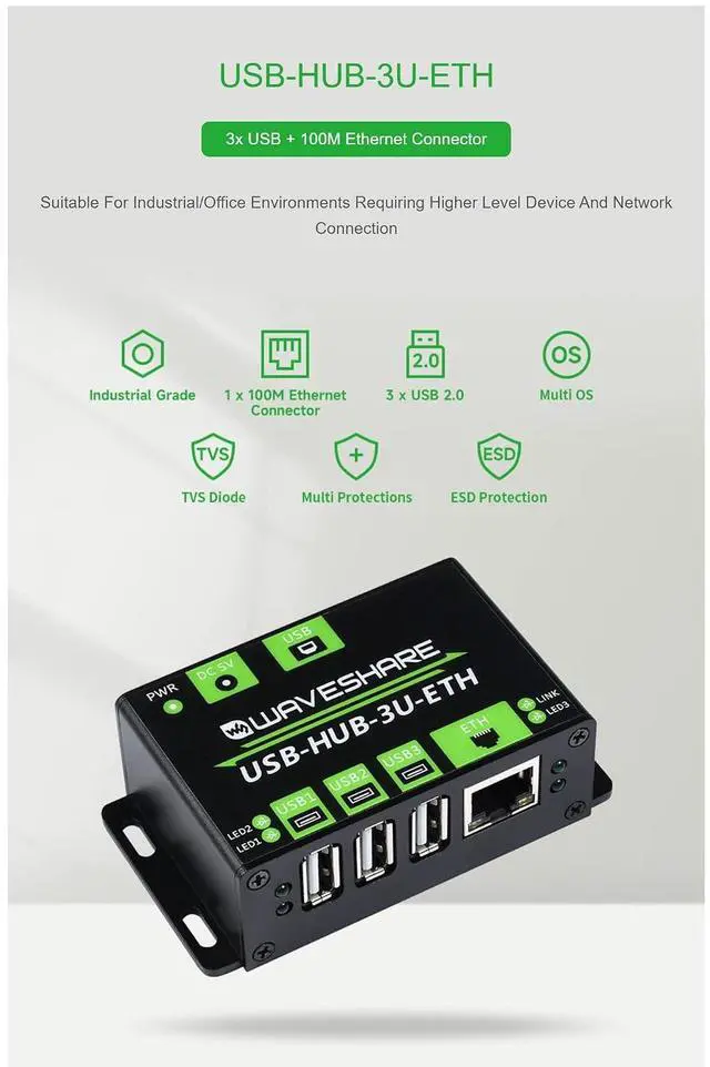 Alt view image 4 of 7 - Industrial Grade Multifunctio USB HUB,3X USB 2.0 Ports Extended, 100M Ethernet Port, Multiple OS Support, Plug & Play