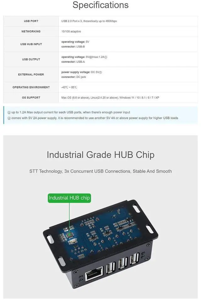 Alt view image 5 of 7 - Industrial Grade Multifunctio USB HUB,3X USB 2.0 Ports Extended, 100M Ethernet Port, Multiple OS Support, Plug & Play