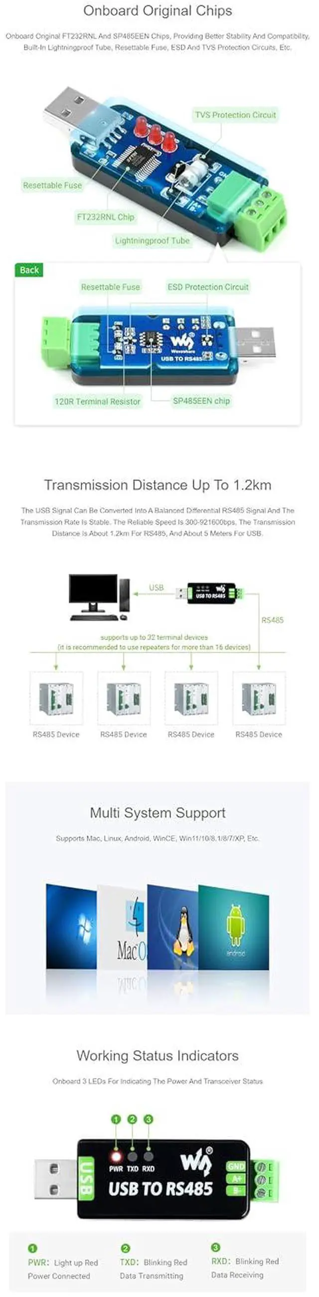 Alt view image 6 of 7 - Industrial USB to RS485 Converter with Original FT232RL Embedded Protection Circuits Resettable Fuse, ESD Protection, and TVS Diode, etc