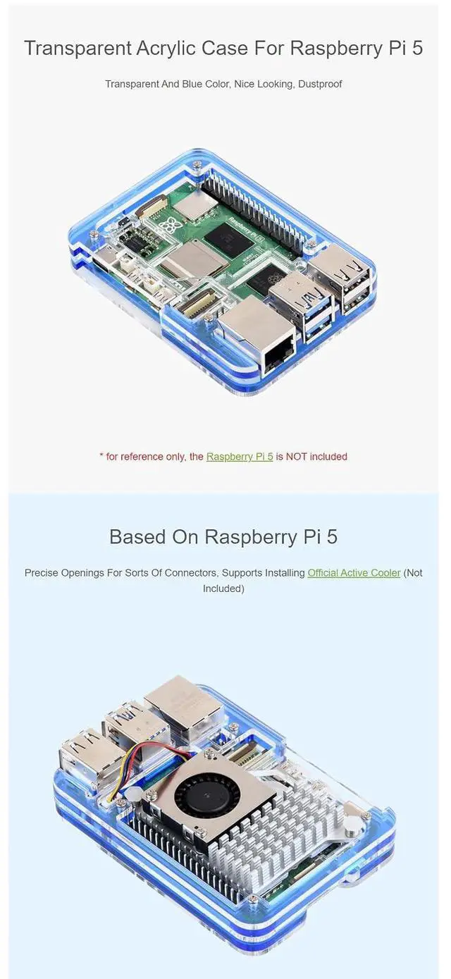Alt view image 5 of 7 - for Raspberry Pi 5 Transparent & Blue Acrylic Case Supports Installing with Official Active Cooler