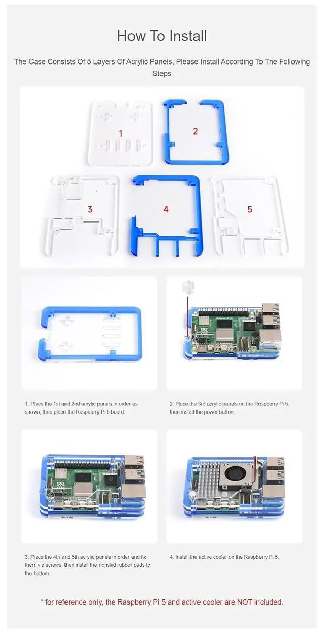 Alt view image 7 of 7 - for Raspberry Pi 5 Transparent & Blue Acrylic Case Supports Installing with Official Active Cooler