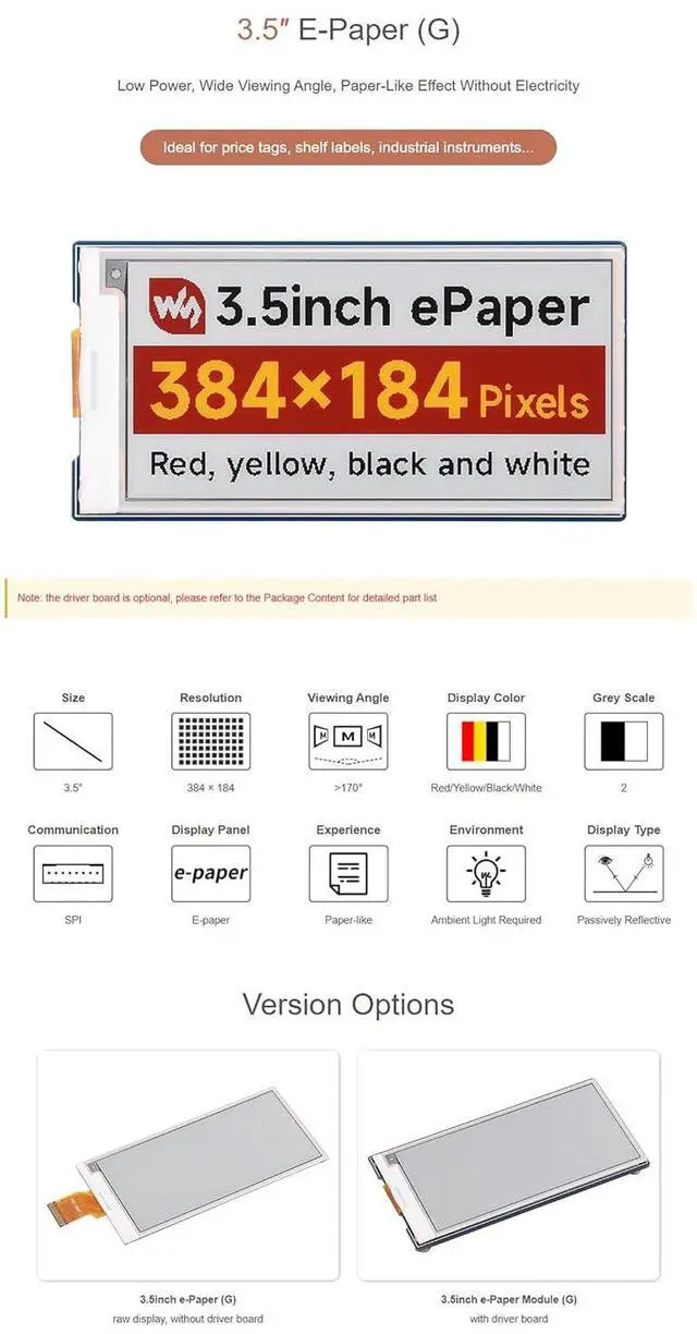 Alt view image 5 of 7 - 3.5" SPI E-Paper Display Module (G), 384×184 Red/Yellow/Black/White E-Ink Panel, for Raspberry Pi, Arduino, ESP32, Low Power, 3.3V/5V Compatible, No Backlight