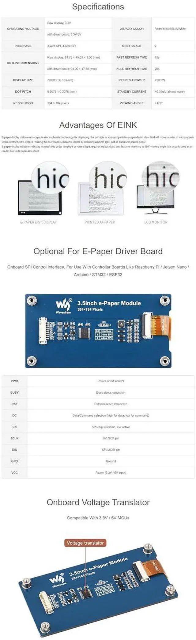 Alt view image 6 of 7 - 3.5" SPI E-Paper Display Module (G), 384×184 Red/Yellow/Black/White E-Ink Panel, for Raspberry Pi, Arduino, ESP32, Low Power, 3.3V/5V Compatible, No Backlight