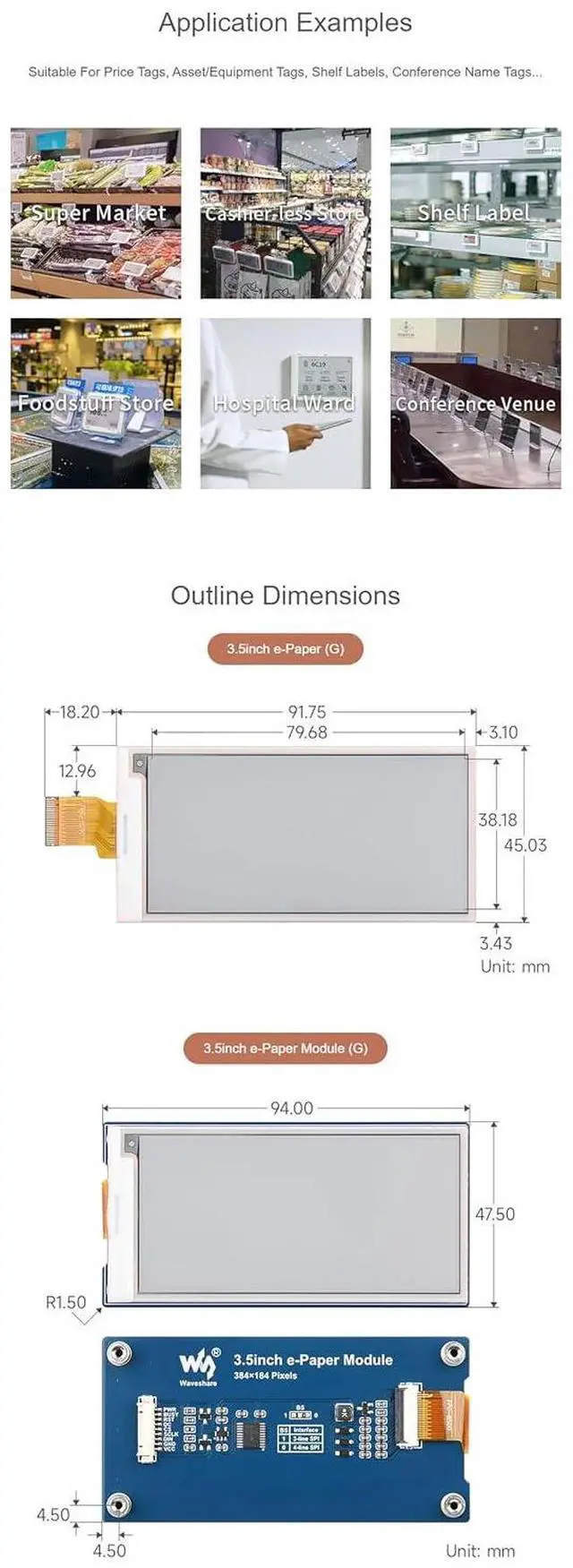 Alt view image 7 of 7 - 3.5" SPI E-Paper Display Module (G), 384×184 Red/Yellow/Black/White E-Ink Panel, for Raspberry Pi, Arduino, ESP32, Low Power, 3.3V/5V Compatible, No Backlight