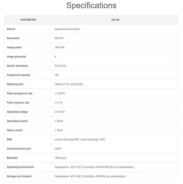 Alt view image 6 of 7 - All-in-One Round-Shaped Capacitive Fingerprint Sensor (D), Nail Plate-Sized,UART Commands Operation, 360° Verification