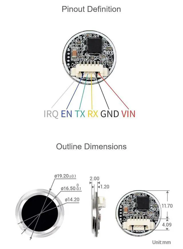 Alt view image 7 of 7 - All-in-One Round-Shaped Capacitive Fingerprint Sensor (D), Nail Plate-Sized,UART Commands Operation, 360° Verification
