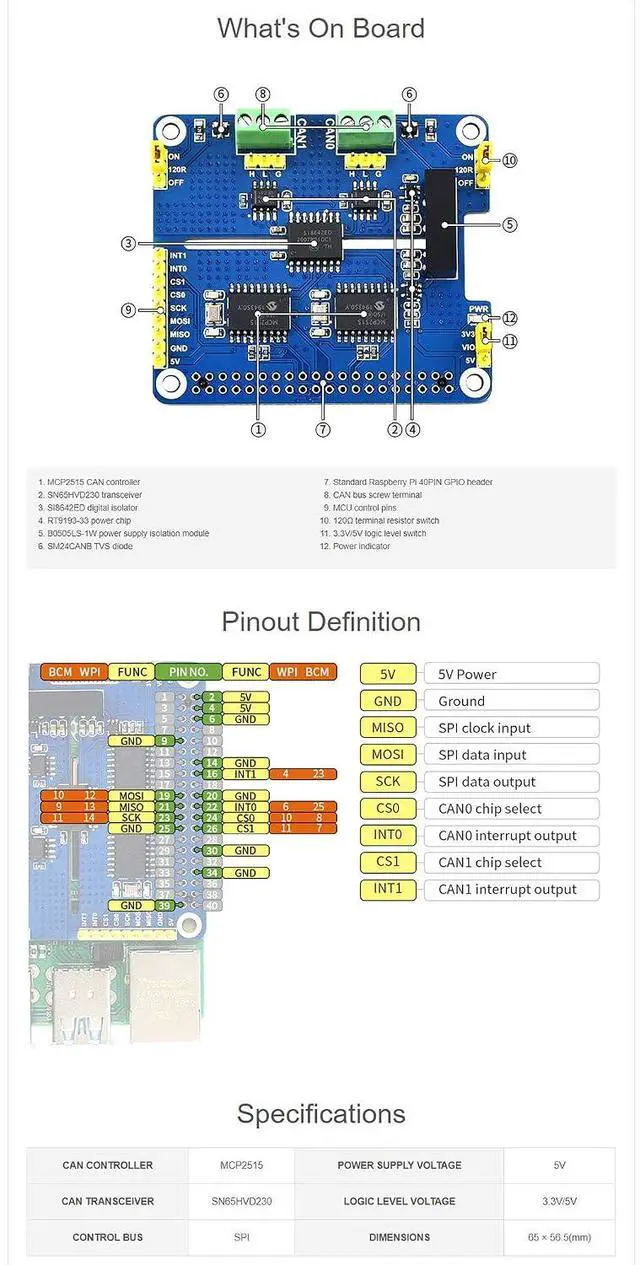 Alt view image 6 of 7 - 2-Channel Isolated CAN Bus Expansion HAT for Raspberry Pi Series Boards MCP2515 + SN65HVD230 Dual Chips Solution Multi Allows 2-CH CAN Communication
