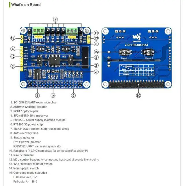 Alt view image 6 of 7 - 2-Channel(2-CH) Isolated RS485 Expansion HAT for Raspberry Pi Adopts SC16IS752+SP3485 Solution Converts SPI to RS485 with Multi Onboard Protection Circuits Data Rate up to 921600bps