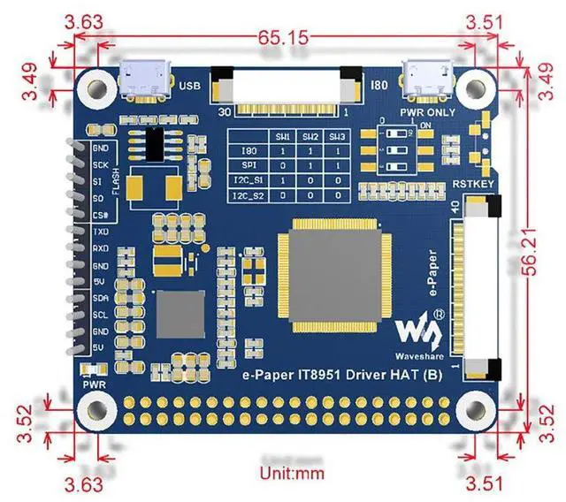 Alt view image 6 of 6 - 7.8inch E-Ink Display HAT Black/White Two Color E-Paper Screen Module for Raspberry Pi, Nucleo 1872×1404 IT8951 Controller USB/SPI/I80/I2C Interface Supports Partial Refresh