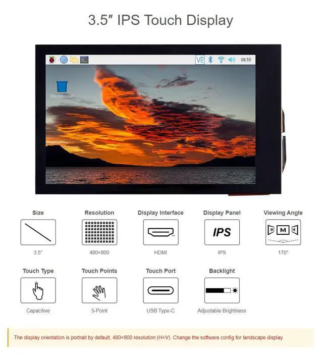 Alt view image 4 of 7 - 3.5 Inch LCD Display 3.5inch HDMI Touch Screen Touchscreen for Raspberry Pi 4B+ 4B 3B+ 3B 2B+ Zero W WH 2 W Jetson Nano PC 480x800 Adjustable Brightness IPS Display