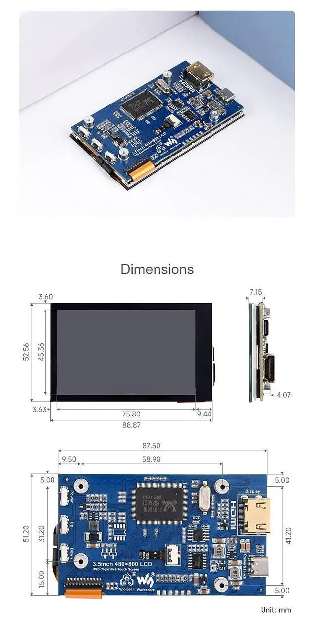 Alt view image 7 of 7 - 3.5 Inch LCD Display 3.5inch HDMI Touch Screen Touchscreen for Raspberry Pi 4B+ 4B 3B+ 3B 2B+ Zero W WH 2 W Jetson Nano PC 480x800 Adjustable Brightness IPS Display