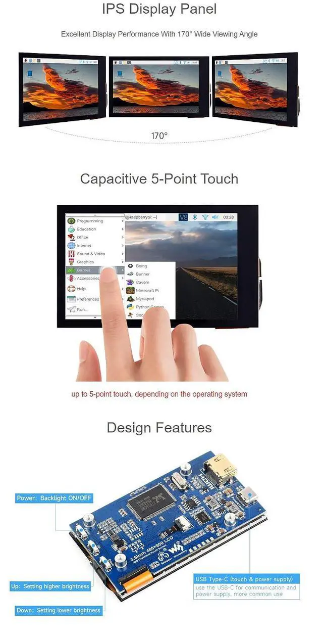 Alt view image 6 of 7 - 3.5 Inch LCD Display 3.5inch HDMI Touch Screen Touchscreen for Raspberry Pi 4B+ 4B 3B+ 3B 2B+ Zero W WH 2 W Jetson Nano PC 480x800 Adjustable Brightness IPS Display