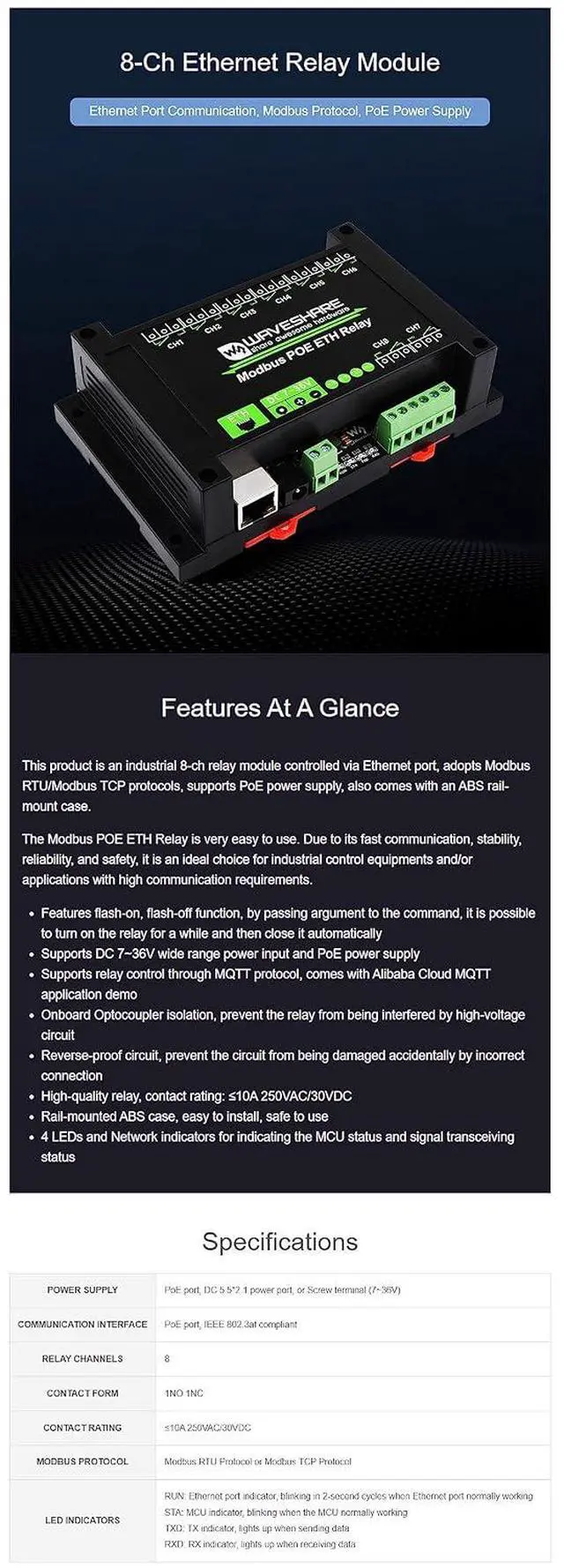 Alt view image 4 of 7 - 8-Ch Ethernet Relay Module with PoE Port Communication Modbus RTU/Modbus TCP Protocol Cover with Industrial Grade Rail-Mount Case
