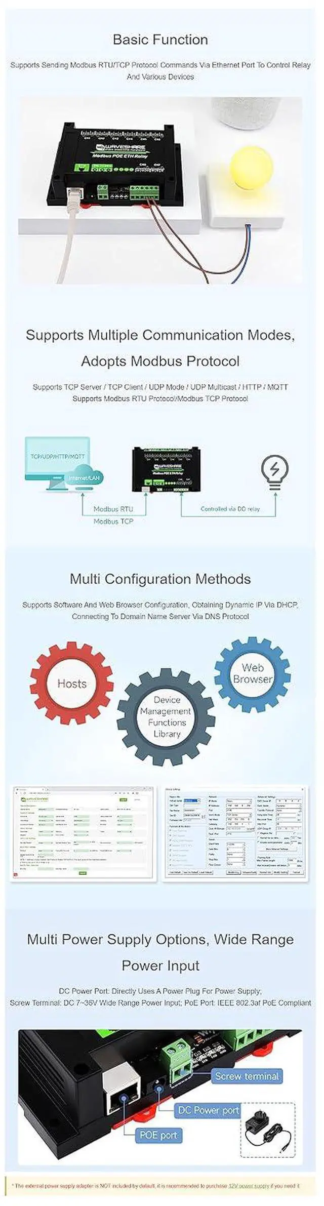 Alt view image 5 of 7 - 8-Ch Ethernet Relay Module with PoE Port Communication Modbus RTU/Modbus TCP Protocol Cover with Industrial Grade Rail-Mount Case