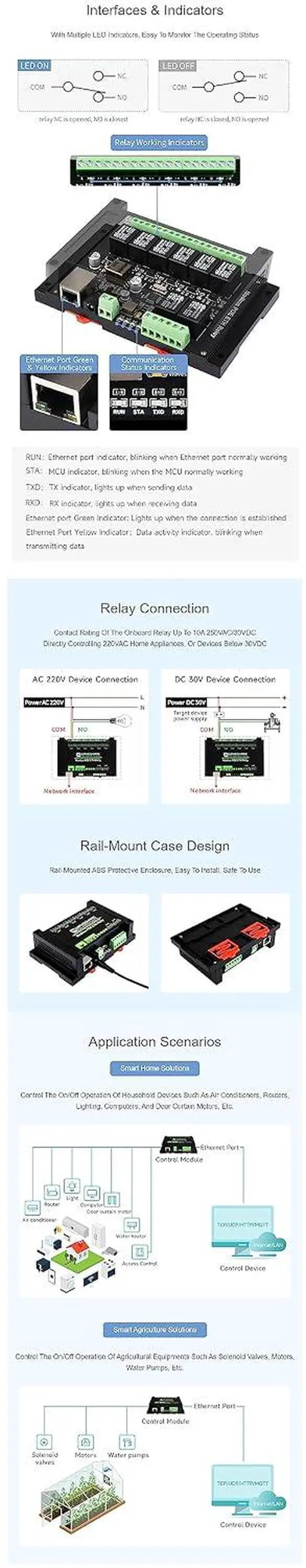 Alt view image 6 of 7 - 8-Ch Ethernet Relay Module with PoE Port Communication Modbus RTU/Modbus TCP Protocol Cover with Industrial Grade Rail-Mount Case