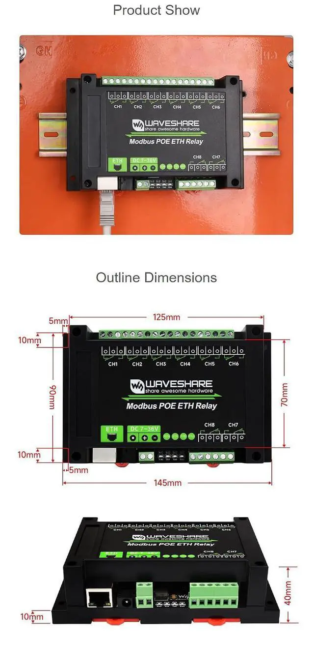 Alt view image 7 of 7 - 8-Ch Ethernet Relay Module with PoE Port Communication Modbus RTU/Modbus TCP Protocol Cover with Industrial Grade Rail-Mount Case