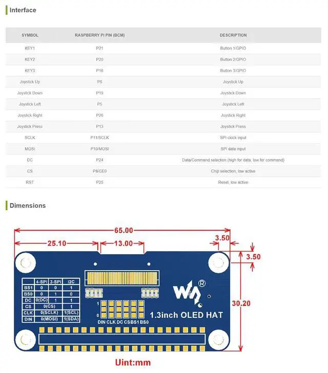 Alt view image 5 of 5 - 1.3inch OLED Screen with SH1106 for Raspberry Pi 4B+ 4B 3B+ 3B 2B+ Zero W WH Jetson Nano 128x64 SPI I2C Interface