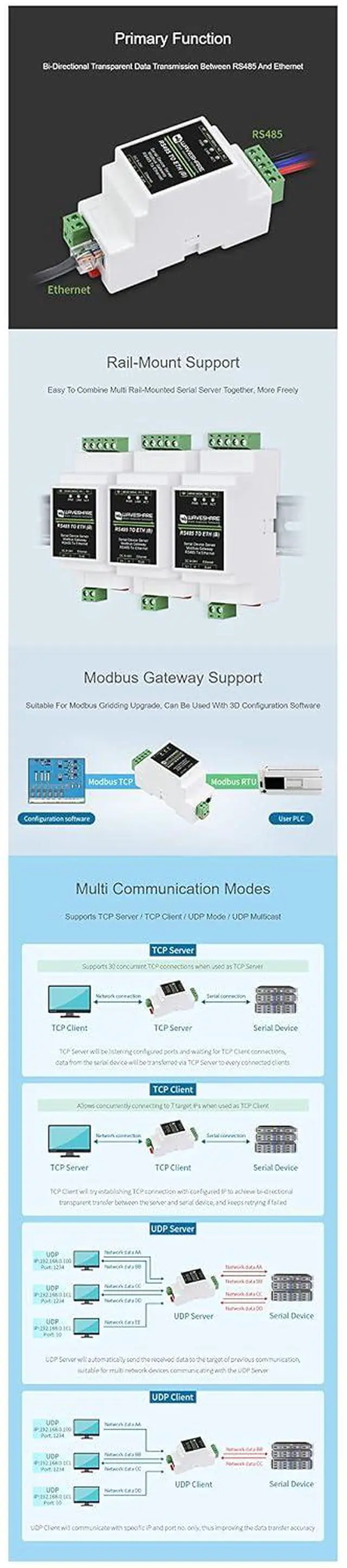 Alt view image 5 of 7 - Industrial Serial Server RS485 to Ethernet Converter TCP/IP to Serial RS485 to RJ45 Modbus/MQTT Gateway RS485 to JSON, etc