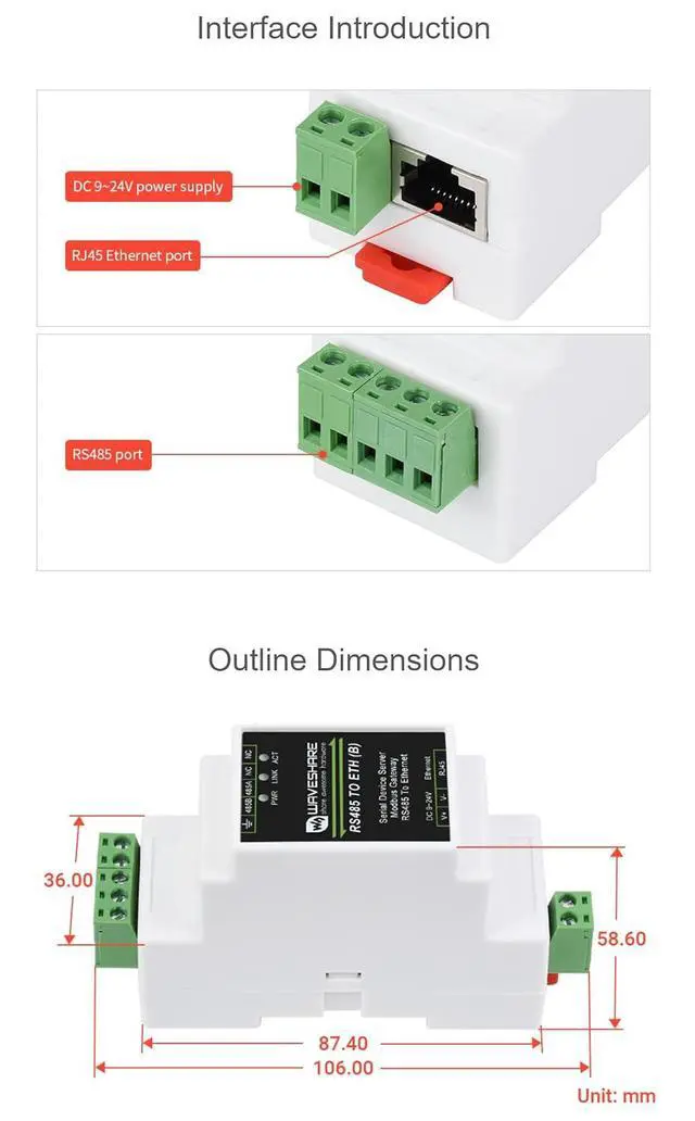 Alt view image 7 of 7 - Industrial Serial Server RS485 to Ethernet Converter TCP/IP to Serial RS485 to RJ45 Modbus/MQTT Gateway RS485 to JSON, etc