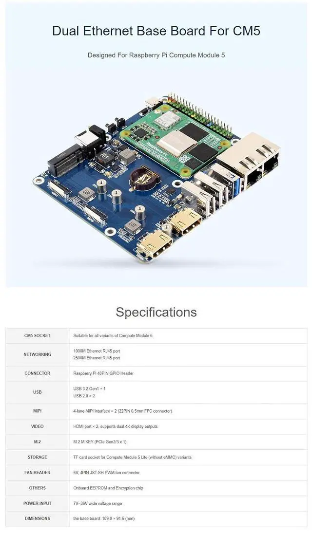 Alt view image 5 of 7 - Dual Ethernet Base Board for Raspberry Pi CM5, 2.5G & 1G RJ45 Ports, Dual 4K Display, Dual MIPI, NVMe SSD Boot Support, Compatible with for Rasp-Berry Pi Compute Module 5 Lite/eMMC