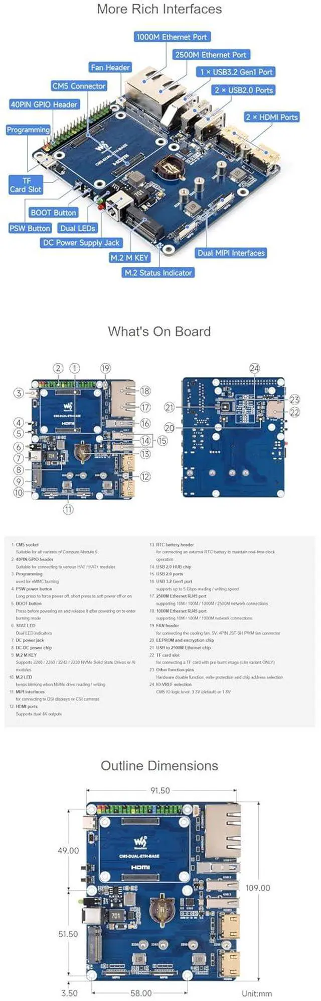 Alt view image 7 of 7 - Dual Ethernet Base Board for Raspberry Pi CM5, 2.5G & 1G RJ45 Ports, Dual 4K Display, Dual MIPI, NVMe SSD Boot Support, Compatible with for Rasp-Berry Pi Compute Module 5 Lite/eMMC