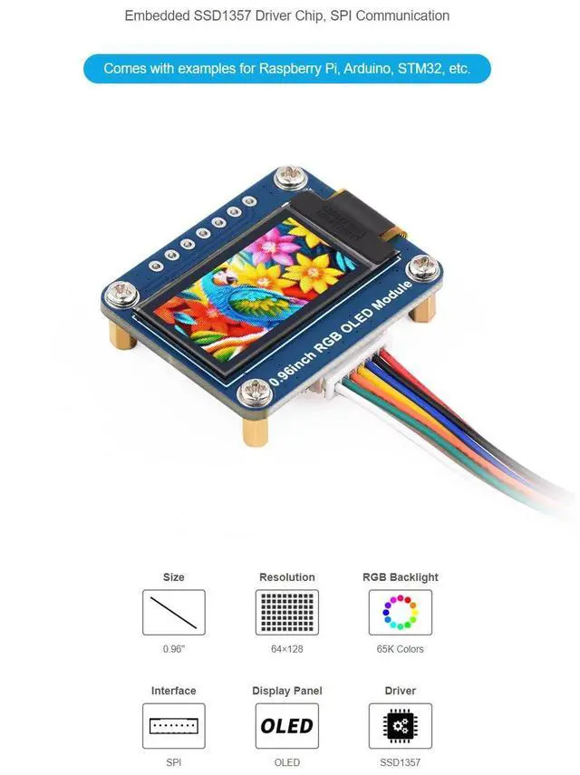 Alt view image 5 of 7 - 0.96 Inch RGB OLED Display Module for Raspberry Pi/Arduino/STM32 with SSD1357 Driver 64×128 65K Colors SPI Interface 3.3V/5V