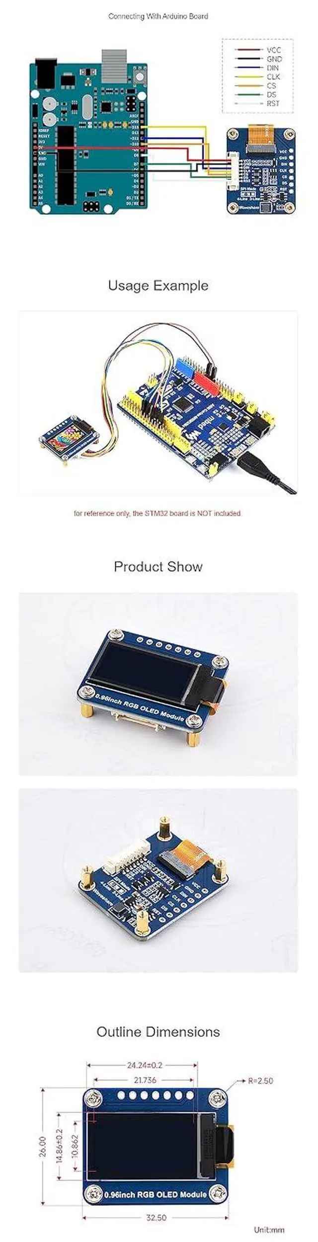 Alt view image 7 of 7 - 0.96 Inch RGB OLED Display Module for Raspberry Pi/Arduino/STM32 with SSD1357 Driver 64×128 65K Colors SPI Interface 3.3V/5V