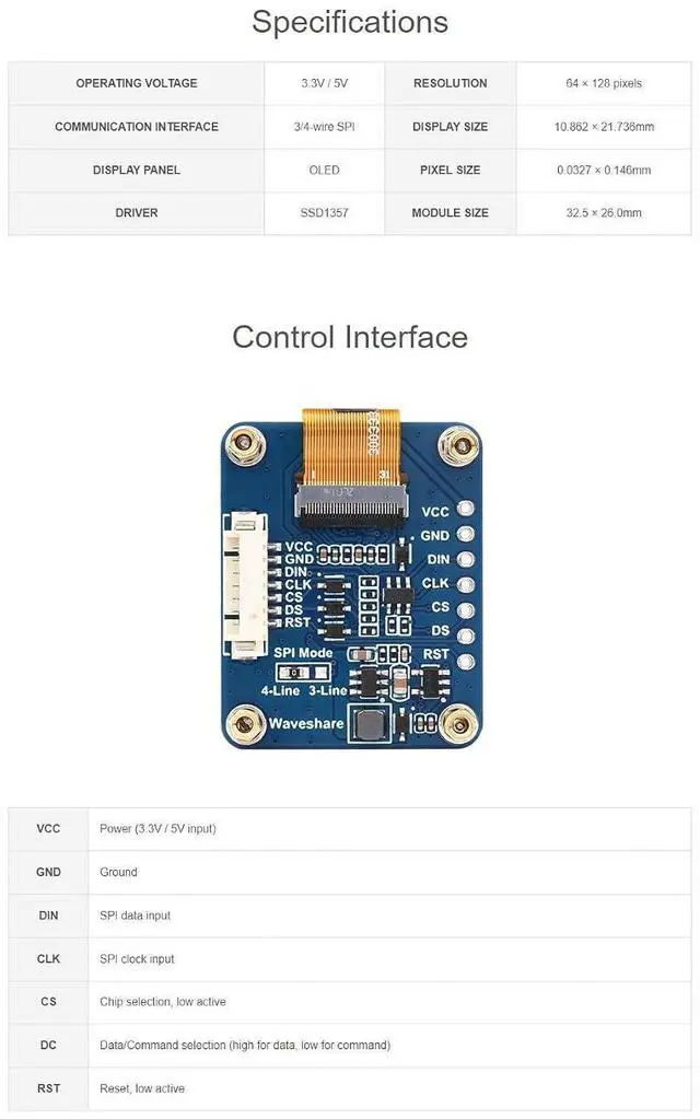 Alt view image 6 of 7 - 0.96 Inch RGB OLED Display Module for Raspberry Pi/Arduino/STM32 with SSD1357 Driver 64×128 65K Colors SPI Interface 3.3V/5V