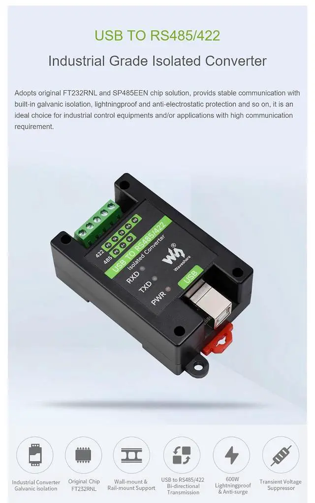 Alt view image 3 of 7 - Industrial Grade Isolated USB to RS485/422 Converter, with Original FT232RL and SP485EEN, Supports Mac, Linux, Android, Wince, Windows 10 8.1 8 7 XP