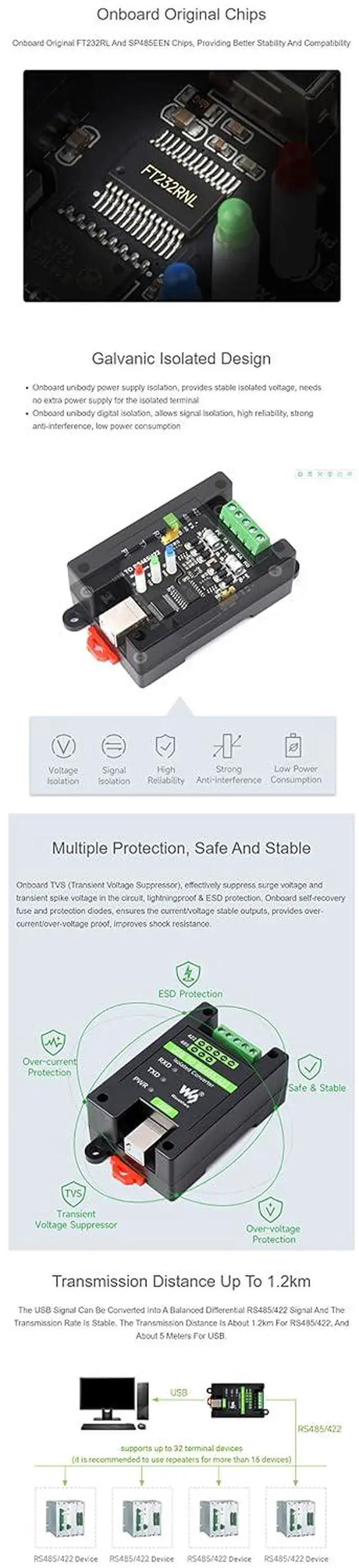 Alt view image 5 of 7 - Industrial Grade Isolated USB to RS485/422 Converter, with Original FT232RL and SP485EEN, Supports Mac, Linux, Android, Wince, Windows 10 8.1 8 7 XP