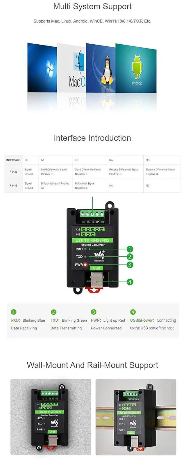 Alt view image 6 of 7 - Industrial Grade Isolated USB to RS485/422 Converter, with Original FT232RL and SP485EEN, Supports Mac, Linux, Android, Wince, Windows 10 8.1 8 7 XP