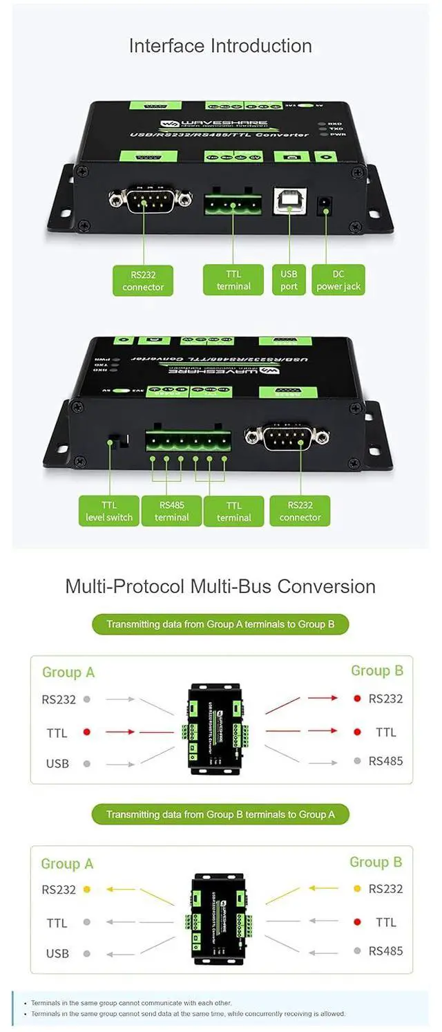 Alt view image 5 of 7 - Industrial Isolated USB / RS232 / RS485 / TTL to RS232 / 485 / TTL Converter, Multi-Bus Conversion, Adopts Original FT232RL for USB Communication