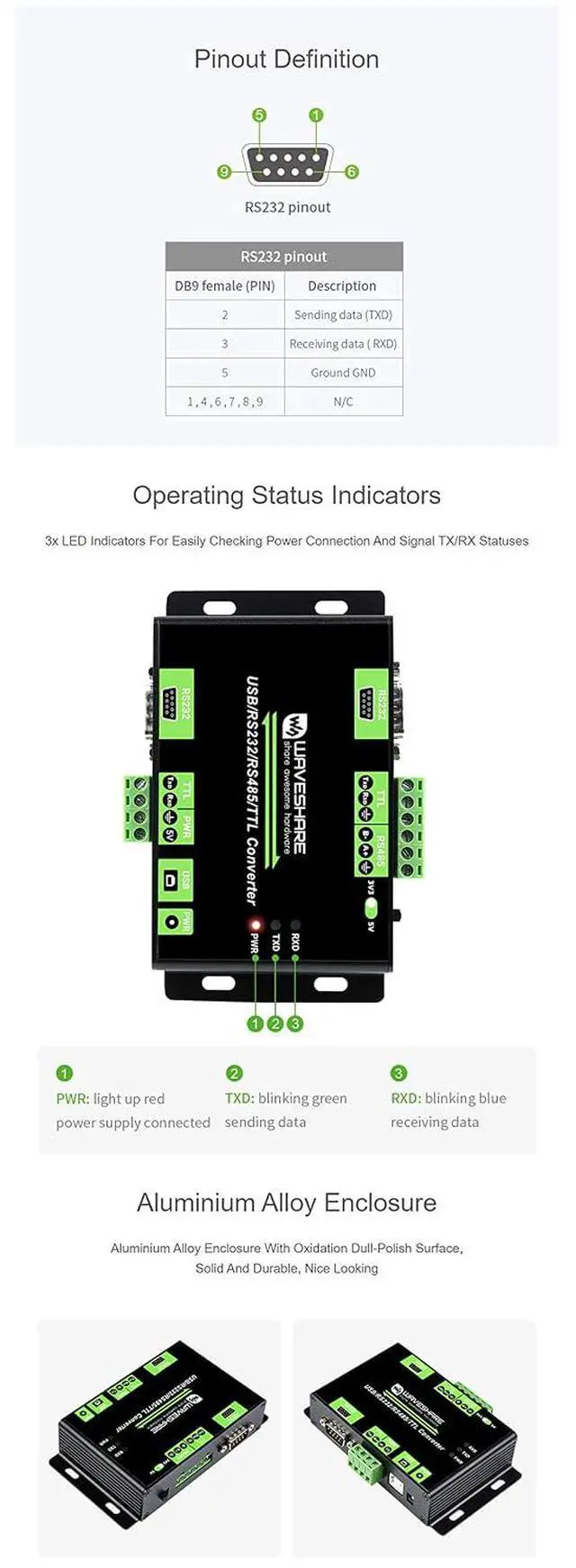 Alt view image 6 of 7 - Industrial Isolated USB / RS232 / RS485 / TTL to RS232 / 485 / TTL Converter, Multi-Bus Conversion, Adopts Original FT232RL for USB Communication