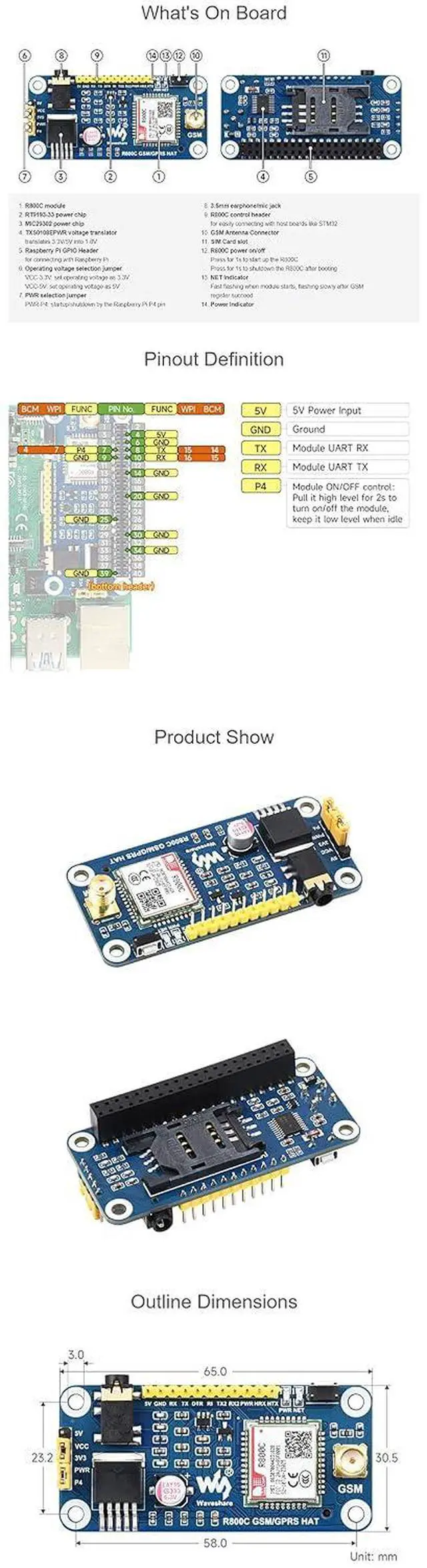 Alt view image 7 of 7 - R800C GSM/GPRS HAT for Raspberry Pi Series & Jetson Nano, Support 2G Communication, Phone Call & SMS